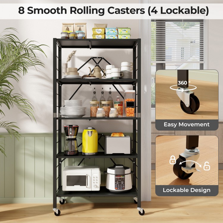 5-tier foldable storage shelf with black metal frame and 8 smooth rolling casters, ideal for kitchen or living room use.