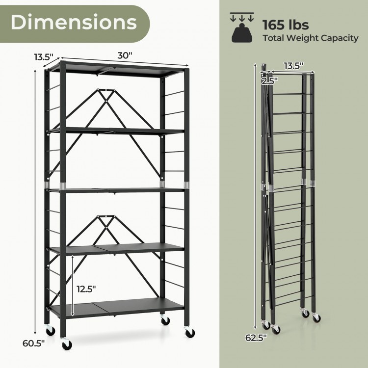 5-tier foldable storage shelf with wheels, showcasing dimensions and capacity, perfect for versatile storage solutions.