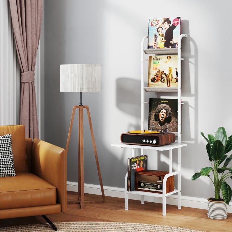 5-tier white record player stand with vinyl display shelf, accommodating 50 albums, perfect for living room or media.