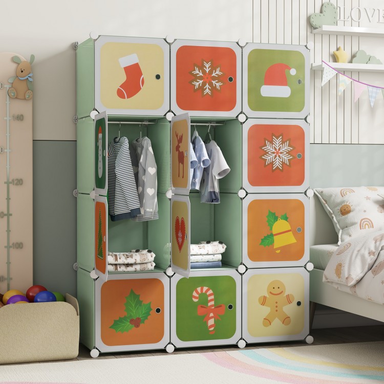 Colorful 12 cube kids wardrobe closet in green with cartoon patterns, featuring hanging section for versatile storage.
