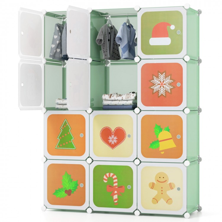 12-cube kids wardrobe closet in green with cartoon-patterned doors, perfect for versatile storage in a child's room.