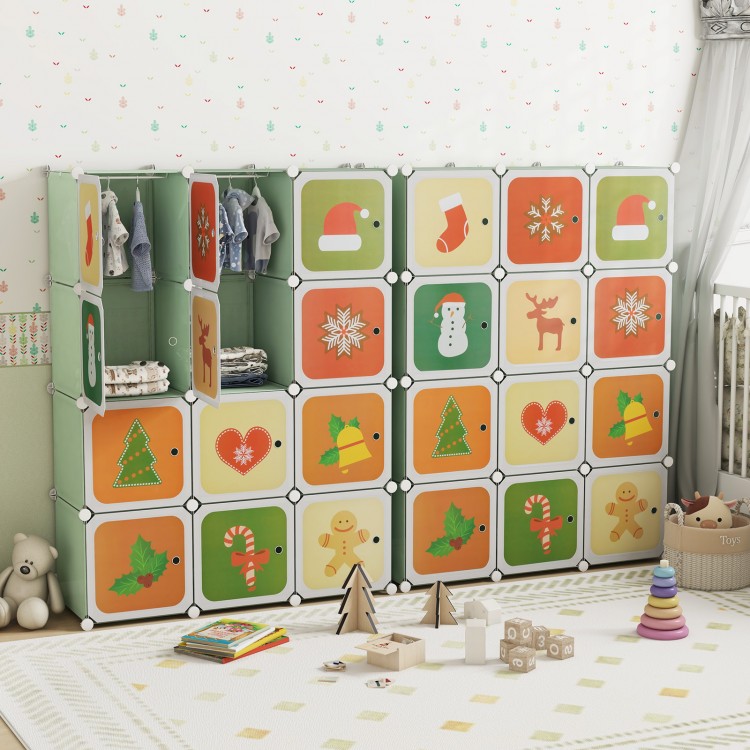 Colorful 12 cube kids wardrobe closet in green with cartoon patterns, perfect for organized storage in children's rooms.