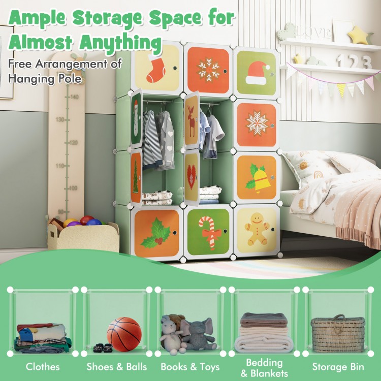 Close-up of the 12-cube kids wardrobe closet in green, showcasing the adorable cartoon-patterned doors and durable PP.