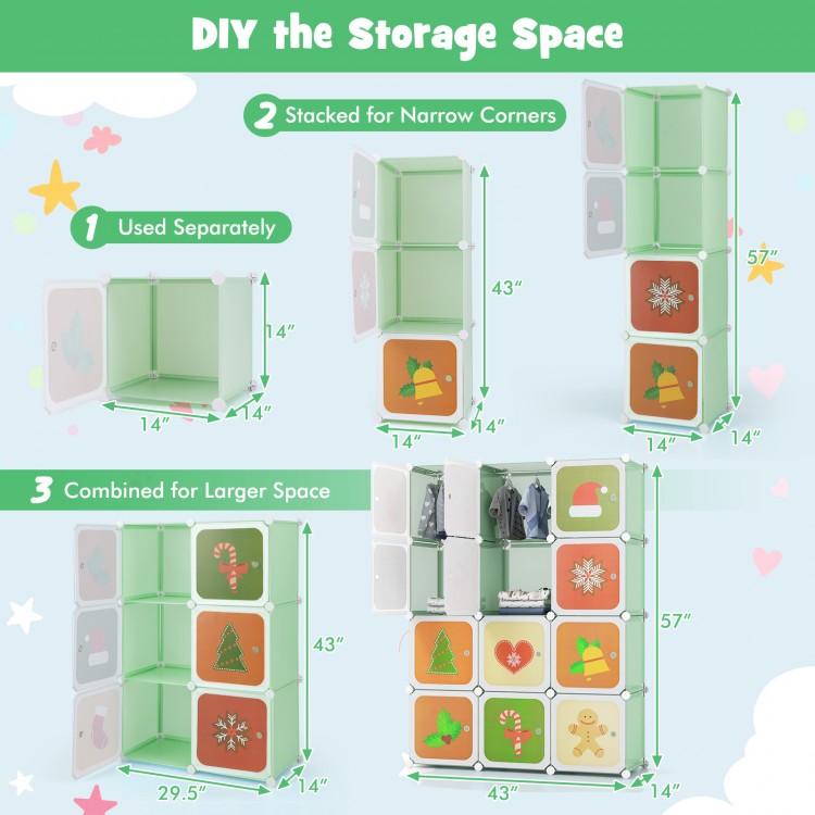 12 cube kids wardrobe closet in green, featuring flexible arrangement, hanging section, and adorable carton pattern.