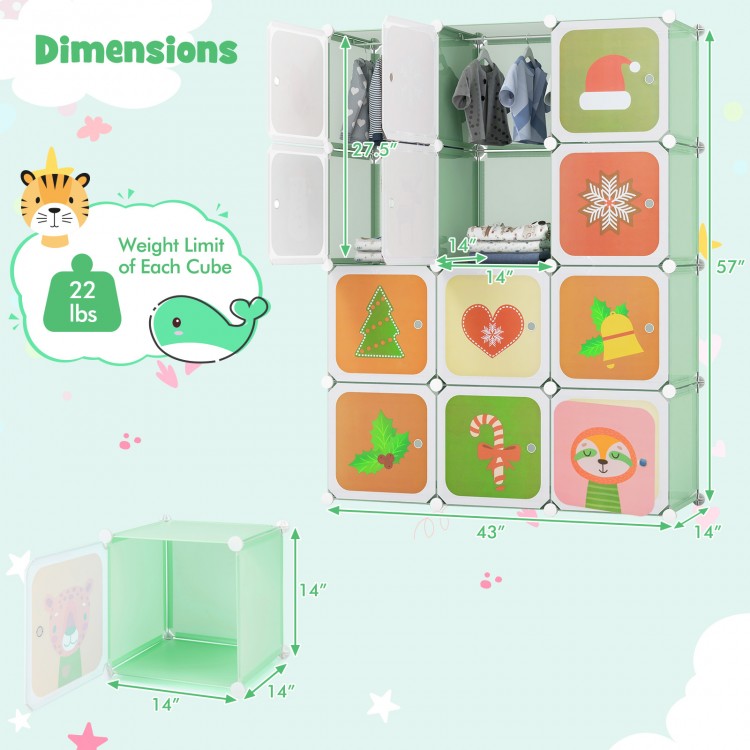 12-cube kids wardrobe closet in green with cartoon doors, featuring a hanging section for versatile storage solutions.