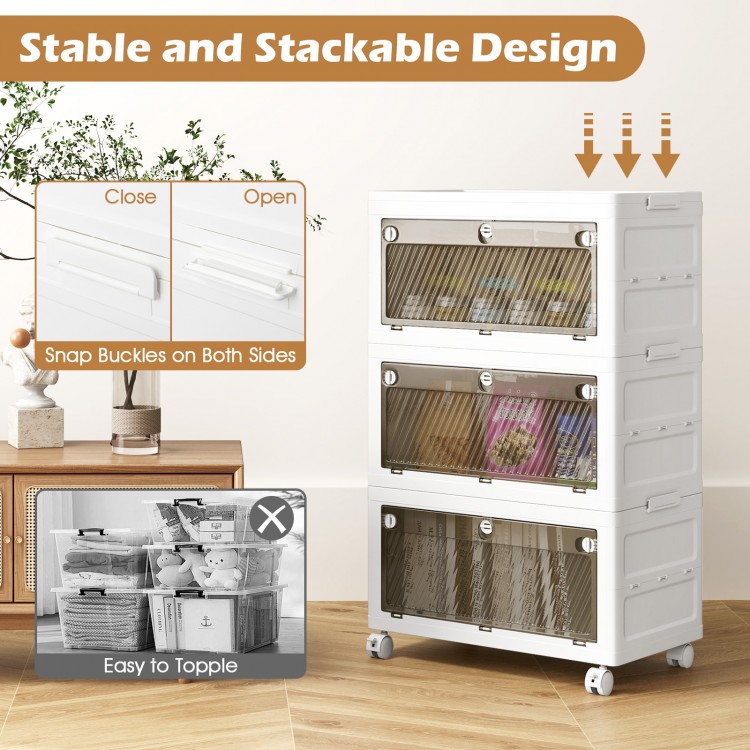 Stackable white plastic storage bins with lids, featuring translucent doors and snap buckles for stability and easy.