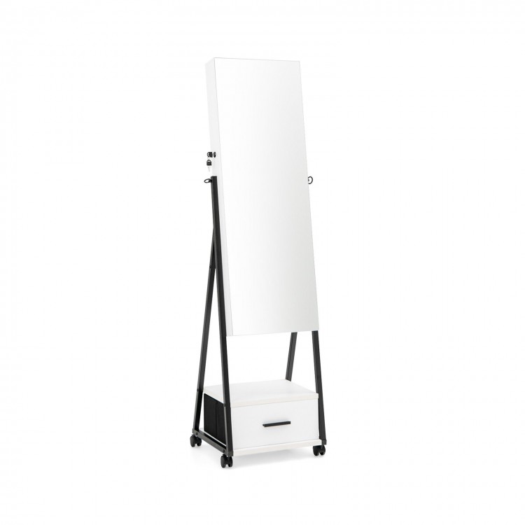 Jewelry cabinet with full-length mirror, white finish, large storage drawer, and lockable wheels for easy mobility.