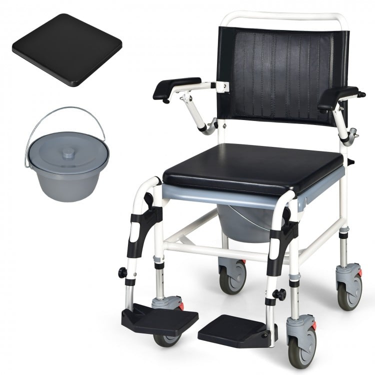 4-in-1 bedside commode wheelchair with detachable bucket, adjustable height, and padded seat for comfort and.