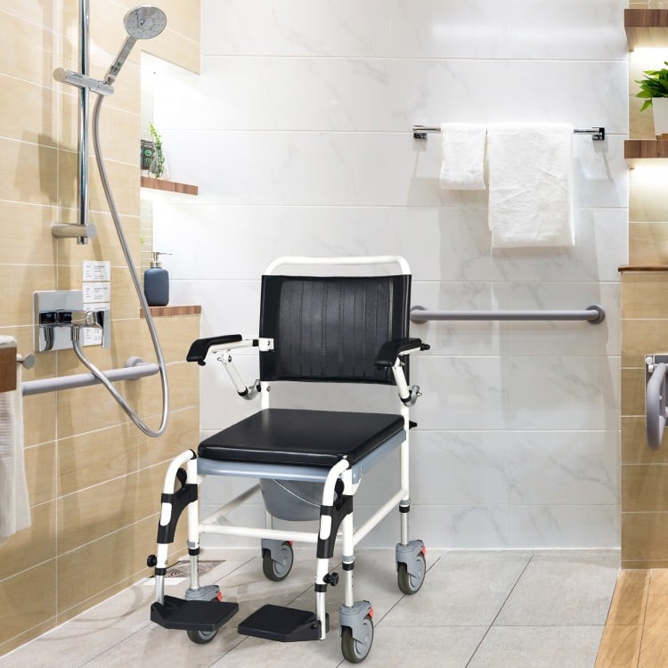 4-in-1 bedside commode wheelchair in a bathroom setting, featuring a detachable bucket and anti-rust aluminum frame for.