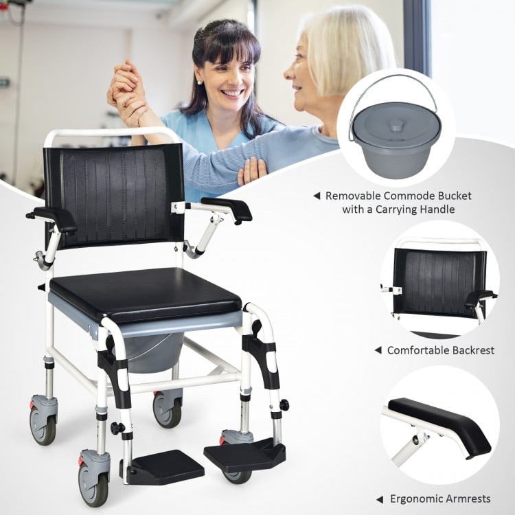 4-in-1 bedside commode wheelchair with detachable bucket, ergonomic armrests, and adjustable height for versatile use.