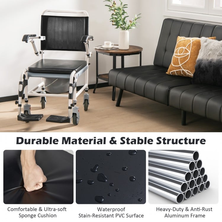 4-in-1 bedside commode wheelchair with detachable bucket, waterproof PVC surface, and durable aluminum frame for.