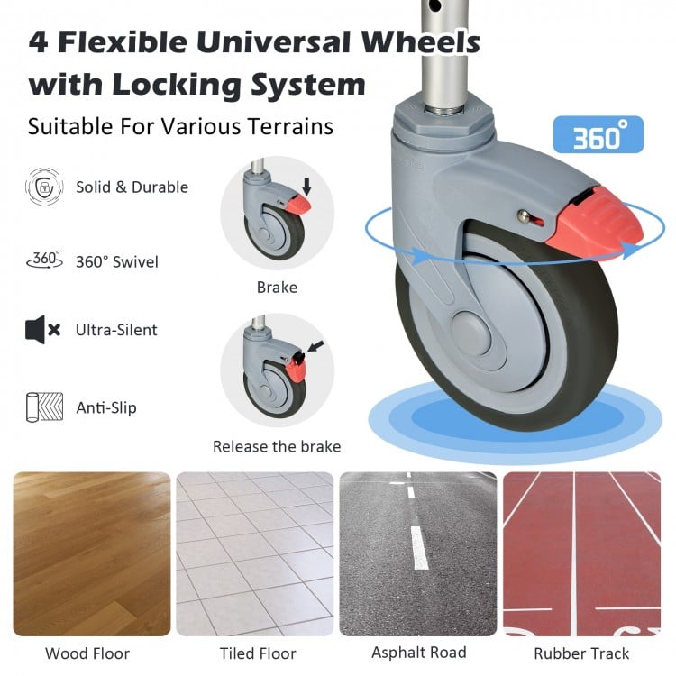 Close-up of 4 universal wheels with locking system, designed for the 4-in-1 bedside commode wheelchair for various.