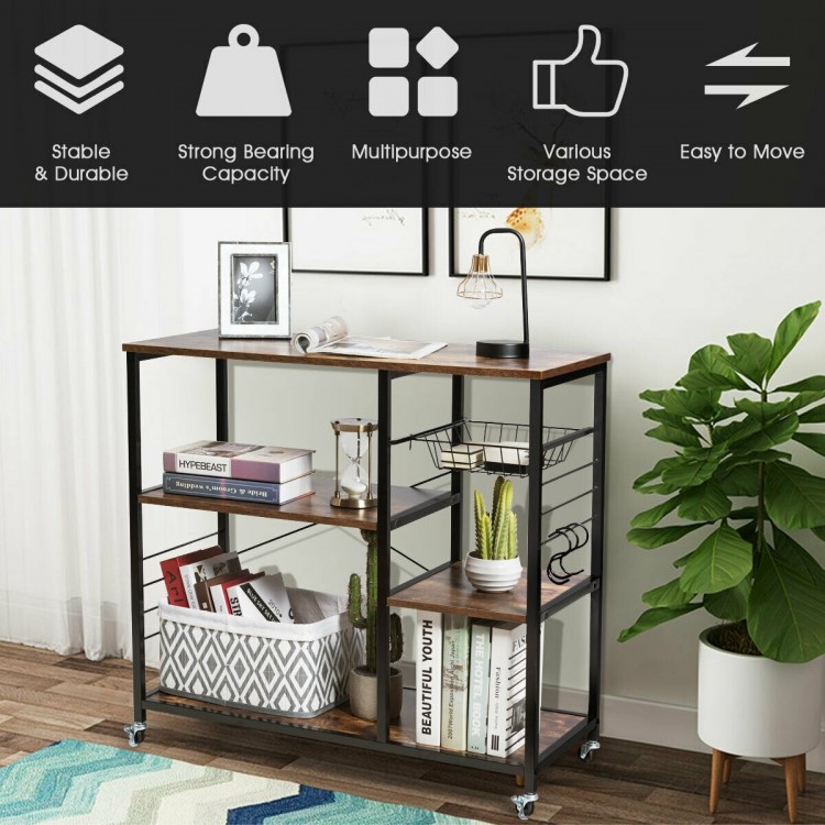 Rolling industrial kitchen baker’s storage shelf with 3-tier shelves, metal frame, and 360° swivel wheels for easy.