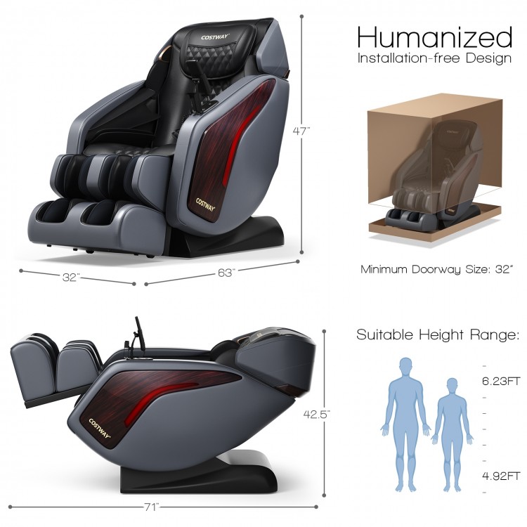 3D SL Track Thai Stretch Zero Gravity Massage Chair in black, showcasing dimensions and features for full body.