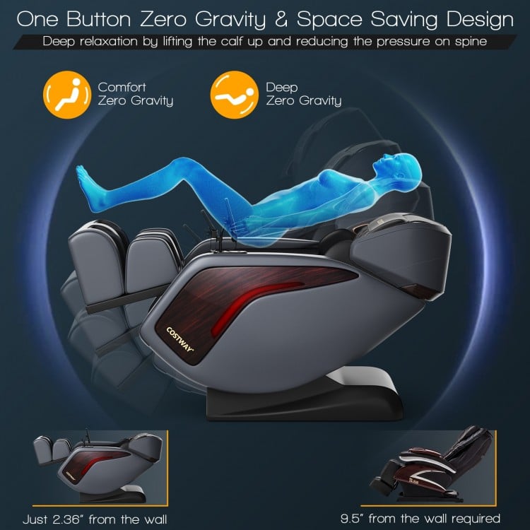 Zero gravity massage chair in black with 3D SL track, showcasing space-saving design for ultimate relaxation.