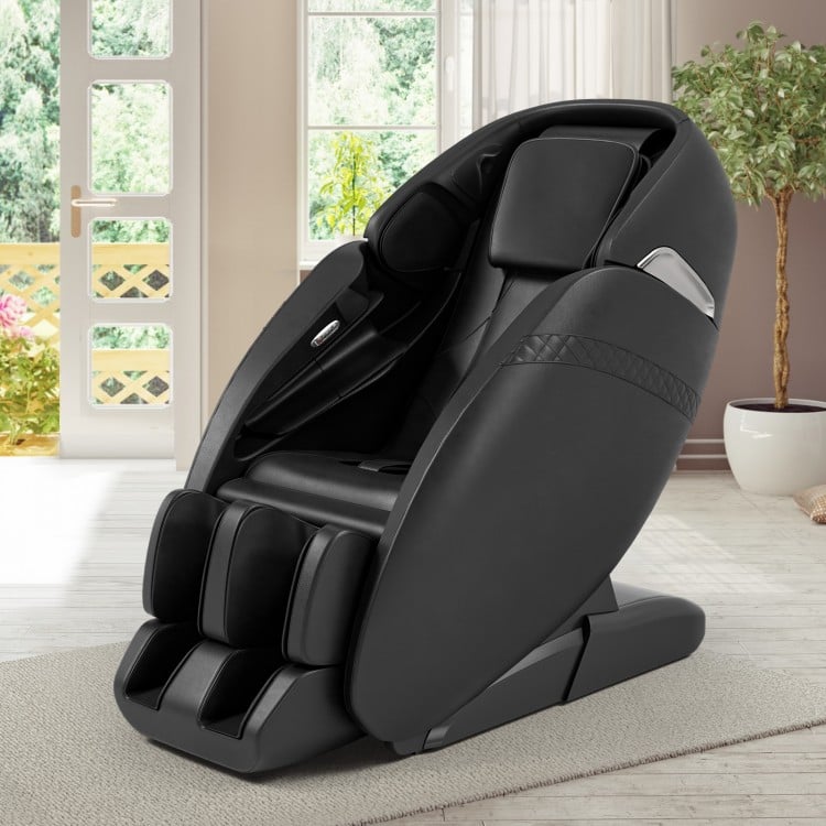 Electric zero gravity massage chair in black with SL track, featuring adjustable positions and Bluetooth speakers for.