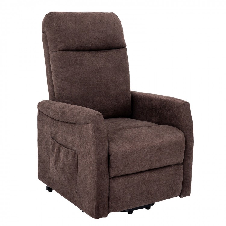 Brown power lift recliner chair with remote control, ergonomic design, adjustable backrest for elderly comfort.