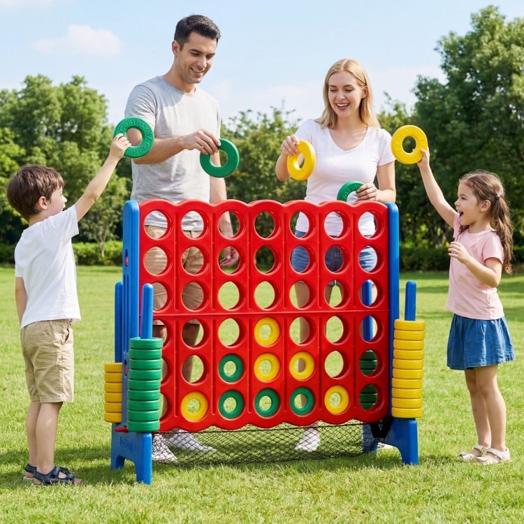 Jumbo 4 in a Row game set with colorful chess pieces, perfect for family fun and outdoor gatherings.
