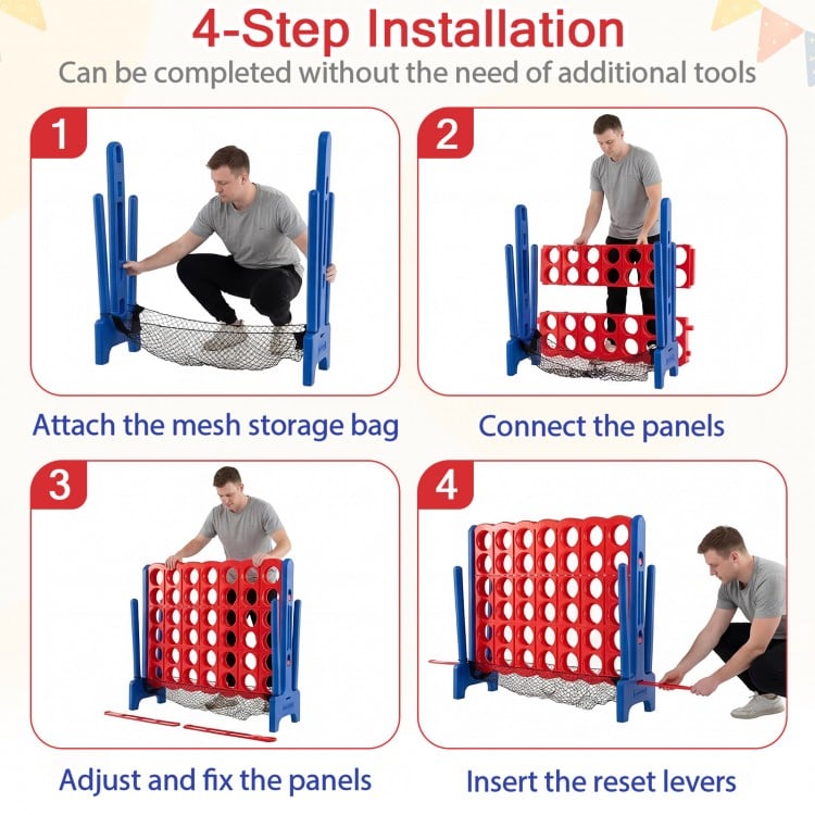 Jumbo 4 in a Row game set assembly steps, featuring red panels and mesh storage for easy setup and play.