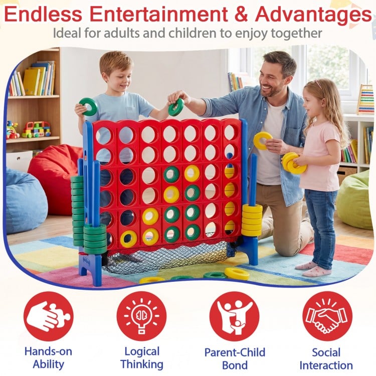 Jumbo 4 in a Row game set with red frame and 42 chess pieces, perfect for family fun and social interaction indoors or.