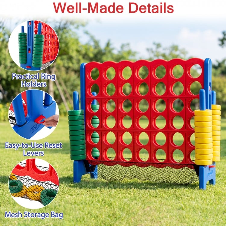 Jumbo 4 in a Row game set with red and yellow pieces, featuring easy reset levers and mesh storage bag for outdoor fun.