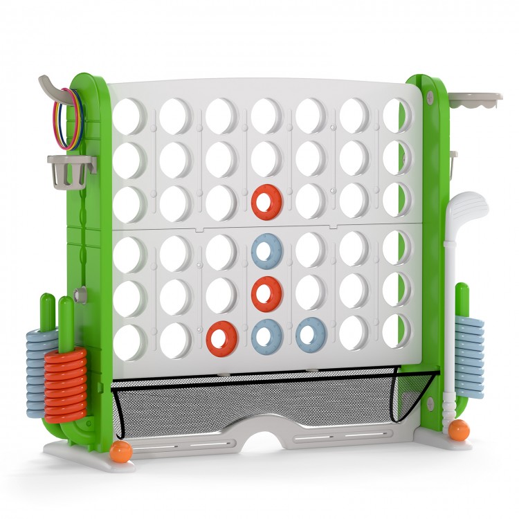 Jumbo 4-to-Score game in green with ring toss, basketball hoop, and adjustable height for versatile outdoor fun.
