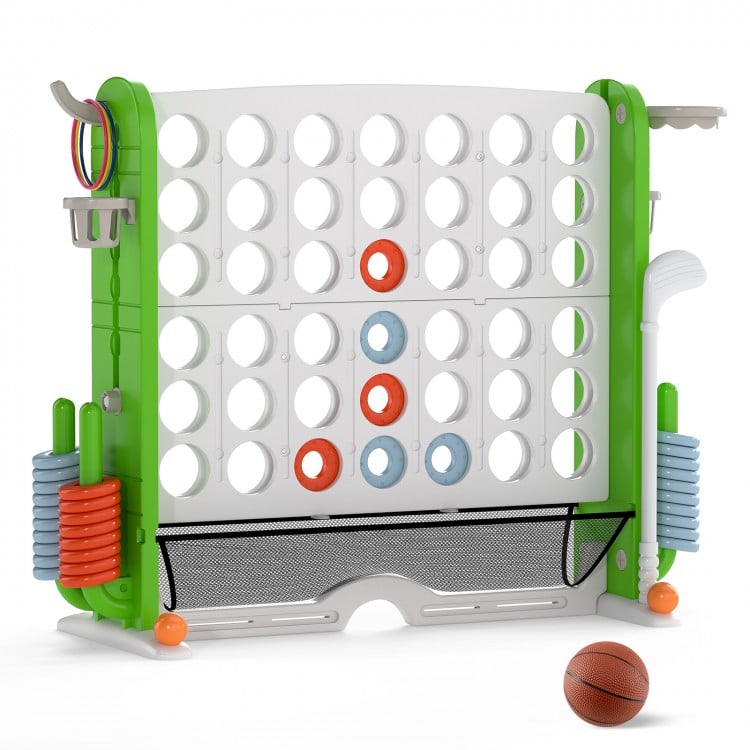 Jumbo 4-to-Score game in green with ring toss, basketball hoop, and adjustable height for kids' entertainment.