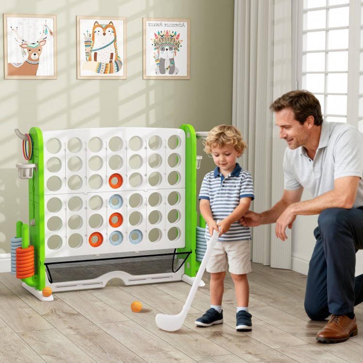 Jumbo 4-to-Score game in green with ring toss and basketball hoop, adjustable height for kids' fun and entertainment.