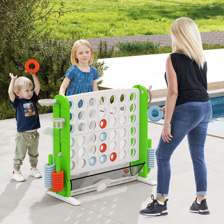 Jumbo 4-to-Score game in green with kids playing ring toss and basketball, adjustable height for versatile fun.
