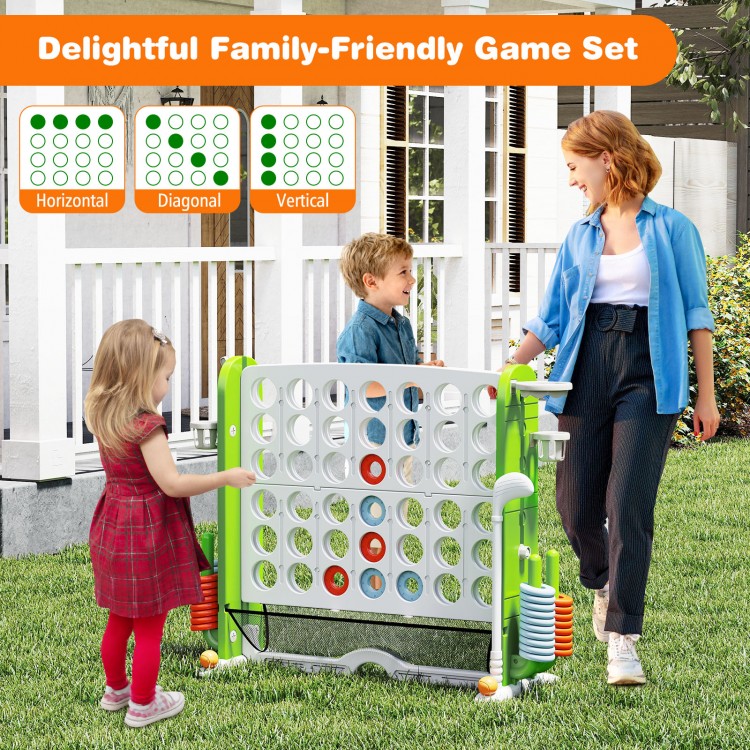 Jumbo 4-to-Score game set in green featuring ring toss and basketball hoop, adjustable height for family fun outdoors.