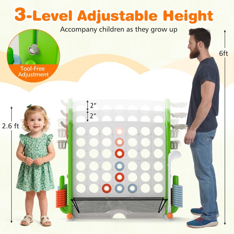Jumbo 4-to-Score game in green with adjustable height, featuring ring toss and basketball hoop for kids' entertainment.