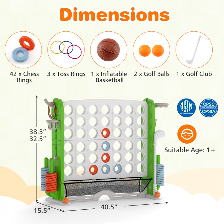 Jumbo 4-to-score game in green with basketball hoop, ring toss, and adjustable height for kids' fun and entertainment.