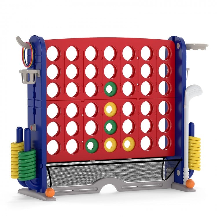 Jumbo 4-to-Score game with basketball hoop and ring toss, featuring adjustable heights and tidy storage for kids' fun.