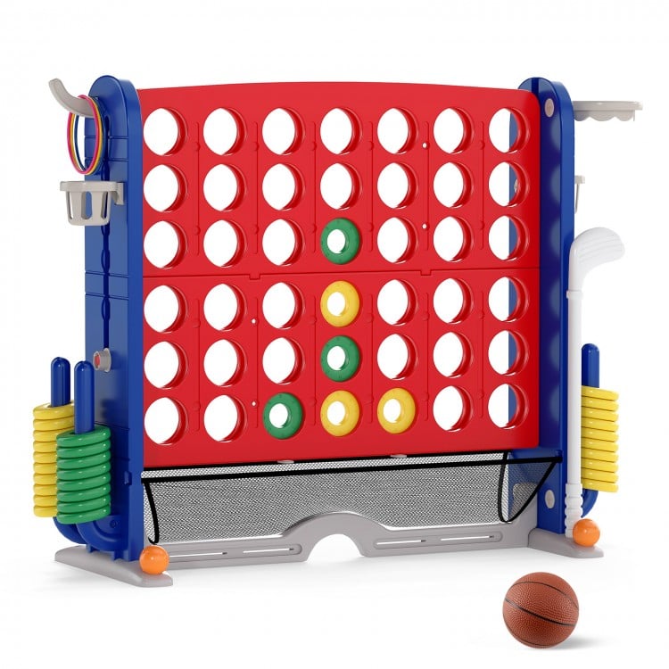 Jumbo 4-to-Score game with basketball hoop and ring toss, featuring adjustable height and tidy storage for kids' fun.