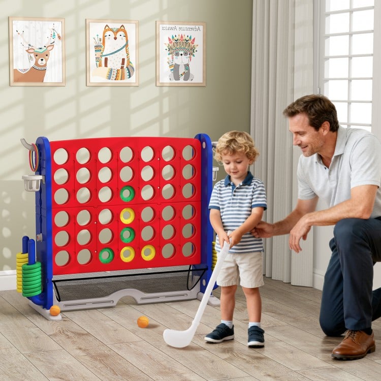 Jumbo 4-to-Score game with ring toss and basketball hoop, featuring adjustable height and tidy storage for kids' fun.