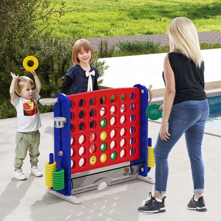 Jumbo 4-to-score game in red with ring toss and basketball hoop, perfect for outdoor family fun and adjustable heights.