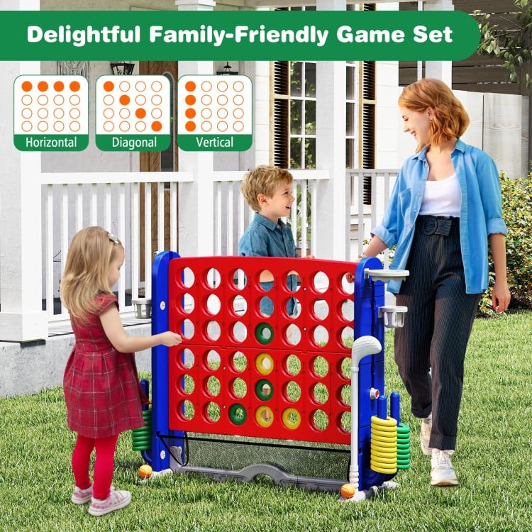 Jumbo 4-to-Score game set with ring toss and basketball hoop, featuring adjustable heights for family-friendly fun.