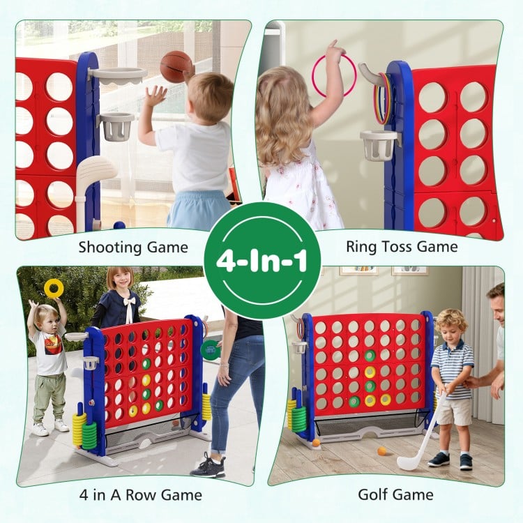 Jumbo 4-to-Score game featuring ring toss, basketball hoop, and mini golf for kids, adjustable heights for versatile.