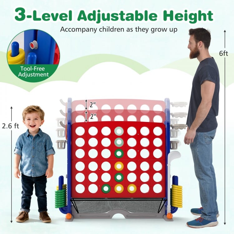 Jumbo 4-to-Score game with adjustable height, featuring ring toss and basketball hoop for versatile outdoor fun.