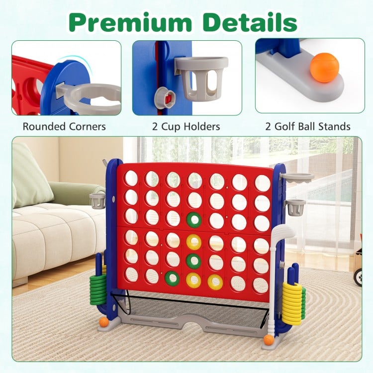 Jumbo 4-to-Score game features red and blue design with cup holders, adjustable height, and mesh pouch for easy storage.