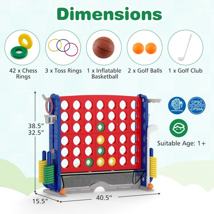 Jumbo 4-to-Score game featuring red rings, basketball hoop, and adjustable height for versatile outdoor fun.