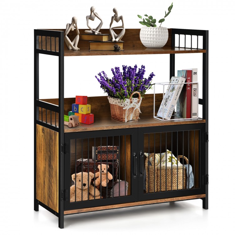 2-tier industrial baker's rack in rustic brown with open shelves and enclosed cabinets for versatile storage solutions.