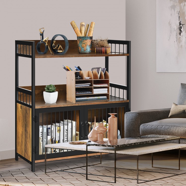 2-tier industrial baker's rack in rustic brown with open shelves and enclosed cabinets for versatile kitchen storage.