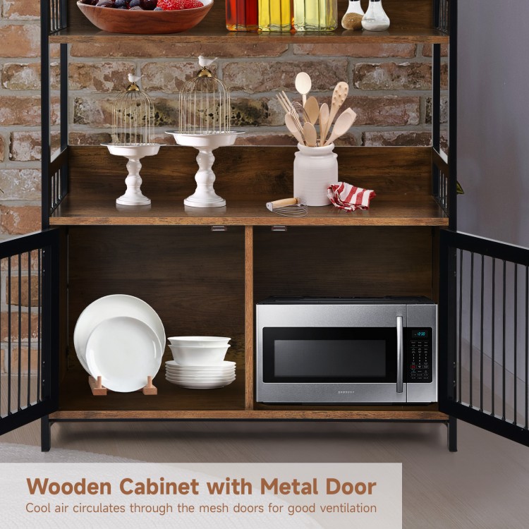 2-tier baker's rack in rustic brown with metal doors, ideal for kitchen storage and microwave stand.