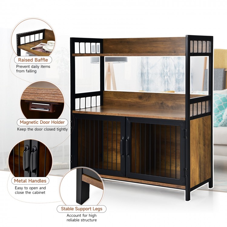 2-tier baker's rack in rustic brown with metal frame, featuring open shelves and enclosed cabinets for versatile.