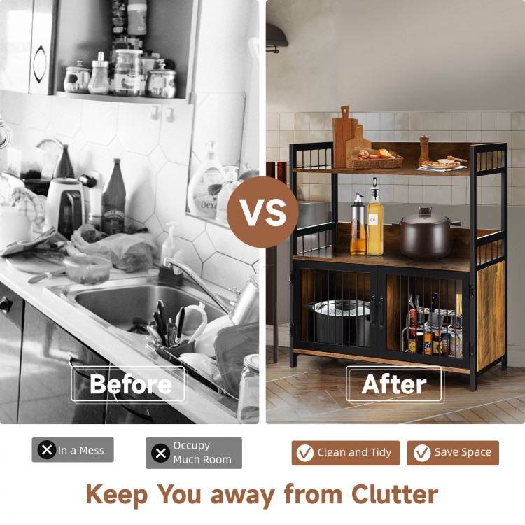 2-tier baker's rack in rustic brown with open shelves and enclosed cabinets for kitchen organization and stylish.
