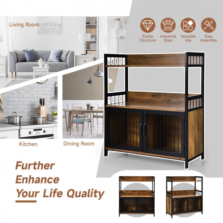 Close-up of the rustic brown 2-tier baker's rack showcasing the durable MDF and metal frame for stylish kitchen storage.