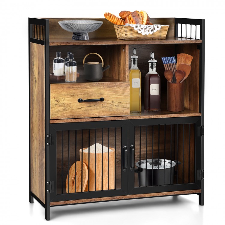 Rustic brown buffet server sideboard with steel doors, drawer, and multiple storage areas for kitchen organization.