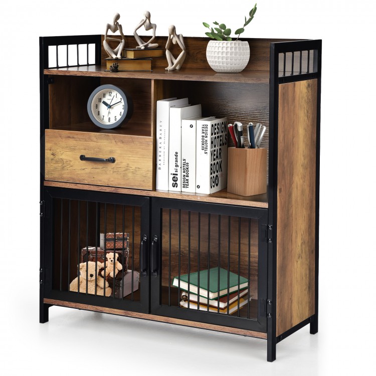 Rustic brown buffet server sideboard with steel doors, drawer, and open shelves for versatile kitchen storage.