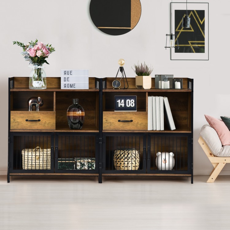 Rustic brown buffet server sideboard with steel doors, featuring diverse storage areas for kitchen and living room use.